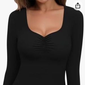 MANGOPOP XXL Long Sleeve Bodysuit Plicated V Neck Sweetheart Neckline NWT